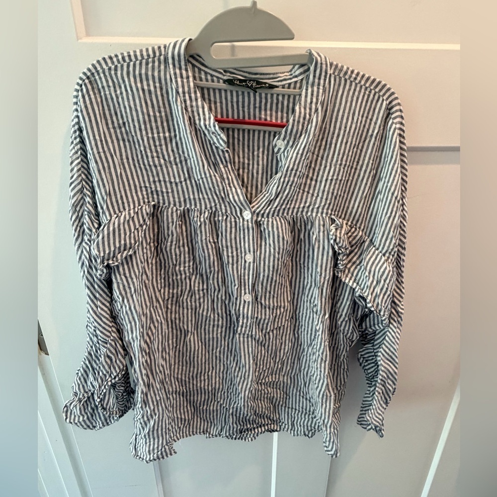 Velvet Heart Blue White Striped Cotton Button Front Blouse Small Casual Shirt